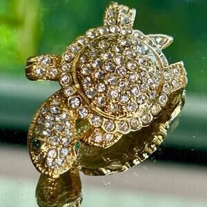 Vintage Gold Tone Turtle Brooch with Clear Rhinestones